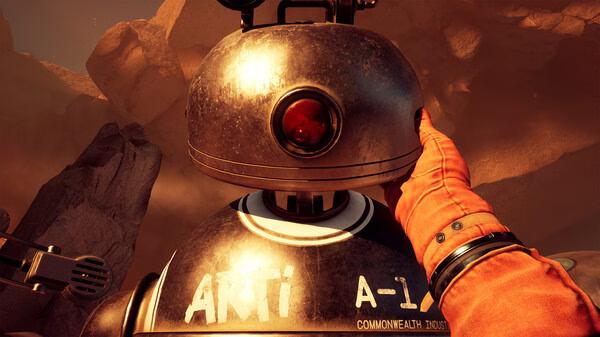 Screenshot from The Invincible game showing a person touching a robot labeled "ARTI" in a rocky, desert landscape.