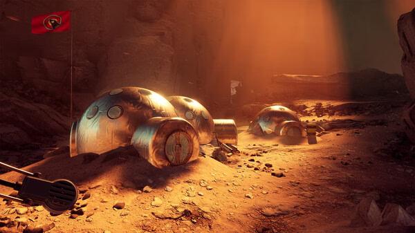 Screenshot from The Invincible showing two dome-shaped structures on a rocky desert landscape with a red flag.