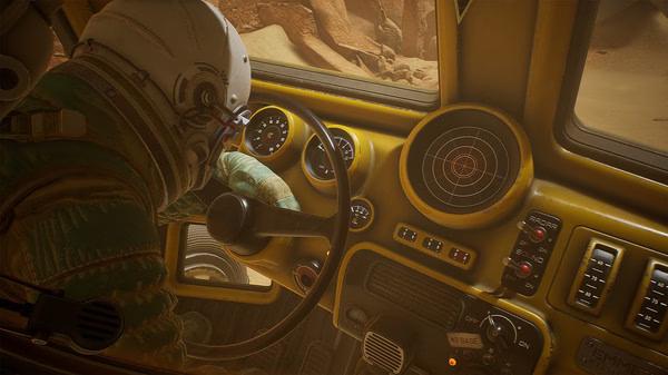 A screenshot from "The Invincible" showing a person in a spacesuit operating a vehicle's dashboard in a desert-like environment.
