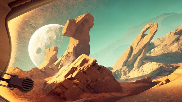 Screenshot from The Invincible showing a rocky alien landscape with towering formations under a large moonlit sky.