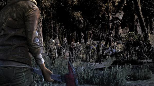 Clementine holds an axe facing a group of walkers in a forest. Screenshot from The Walking Dead: The Telltale Definitive Series.