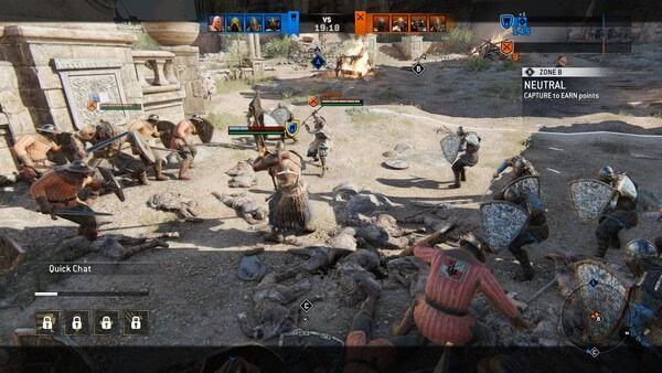 For Honor screenshot: Warriors clash in battle, wielding swords and shields, with a focus on capturing Zone B.