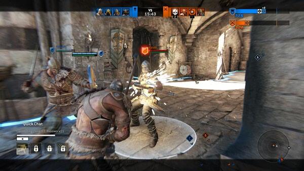 For Honor screenshot: Two warriors battle in a medieval courtyard, one landing a glowing strike while health bars are visible overhead.