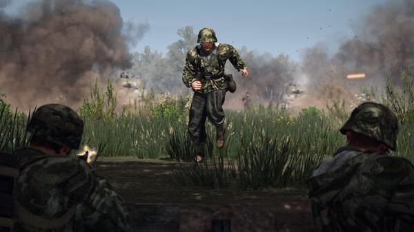 Call to Arms - Gates of Hell: Ostfront screenshot showing a soldier running through grass amidst explosions and gunfire.