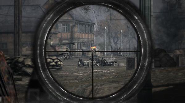 Call to Arms - Gates of Hell: Ostfront screenshot showing a sniper scope aiming at a distant vehicle in a war-torn town.