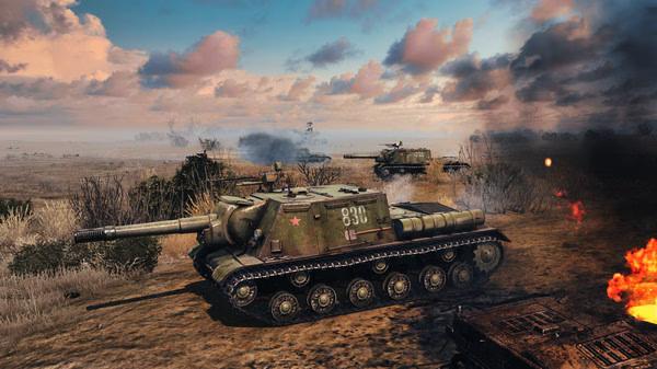 Screenshot from Call to Arms - Gates of Hell: Ostfront showing tanks in a fiery battlefield under a cloudy sky.