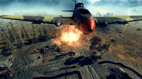 Call to Arms - Gates of Hell: Ostfront screenshot showing a warplane flying over an explosion in a battlefield landscape.