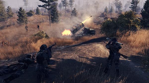 Screenshot from Call to Arms - Gates of Hell: Ostfront showing soldiers in combat near a rocket launcher firing in a grassy field.