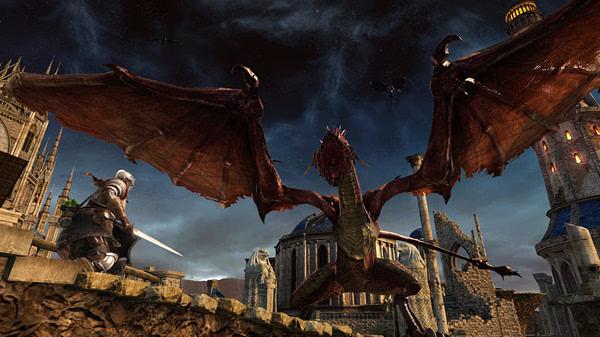 A knight faces a large dragon on a castle rooftop in this screenshot from Dark Souls II: Scholar of the First Sin.