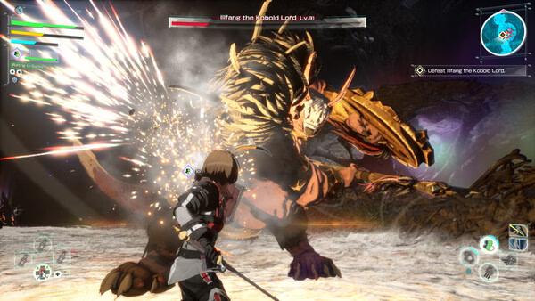 Echoes of Aincrad screenshot: A player battles a large armored creature, the Kobold Lord, in a fiery cavern.
