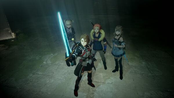 Echoes of Aincrad screenshot: Four characters in armor stand ready, one holding a glowing sword, in a dimly lit stone room.