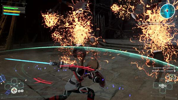 Echoes of Aincrad screenshot: A warrior in dynamic combat, wielding a glowing sword amidst fiery explosions in a dark arena.