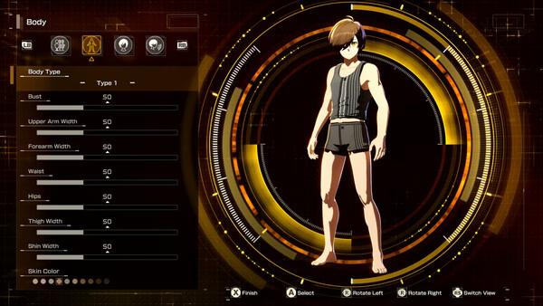 Character customization menu from Echoes of Aincrad, showing a male avatar with adjustable body settings in this screenshot.