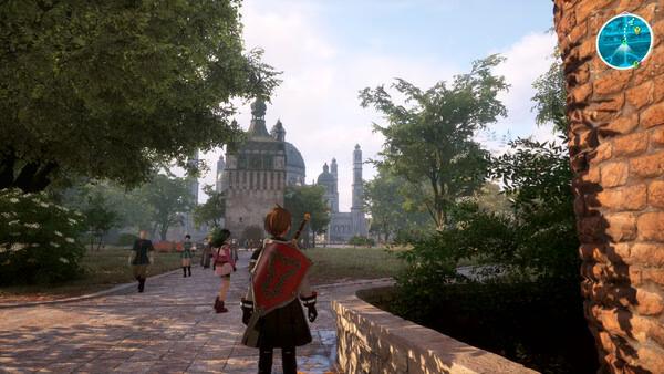 A screenshot of Echoes of Aincrad showing characters walking in a sunlit medieval city square with trees and historic buildings.