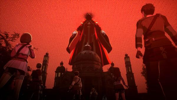 A screenshot from Echoes of Aincrad showing a group of characters facing a towering figure under a red, ominous sky.