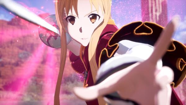 Screenshot from Echoes of Aincrad showing a character wielding a glowing sword with a dynamic background.