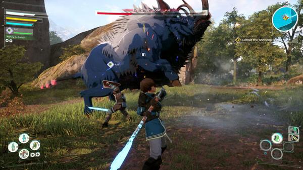 Echoes of Aincrad screenshot: Player battles a giant Snowboar in a lush, open field. Health bars and game HUD are visible.
