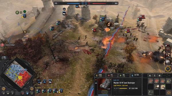 Company of Heroes 3 screenshot: A battle scene with tanks and infantry near a damaged wall, with game HUD elements visible.