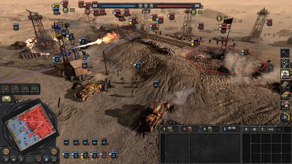 Company of Heroes 3 screenshot: Desert battlefield with troops, vehicles, and control points visible.