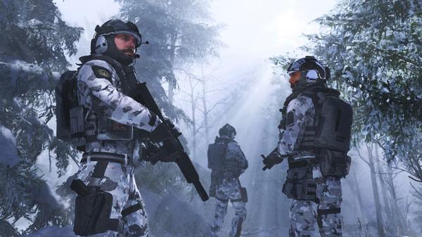 Screenshot from Call of Duty: Modern Warfare III showing three soldiers in winter camouflage gear in a snow-covered forest.