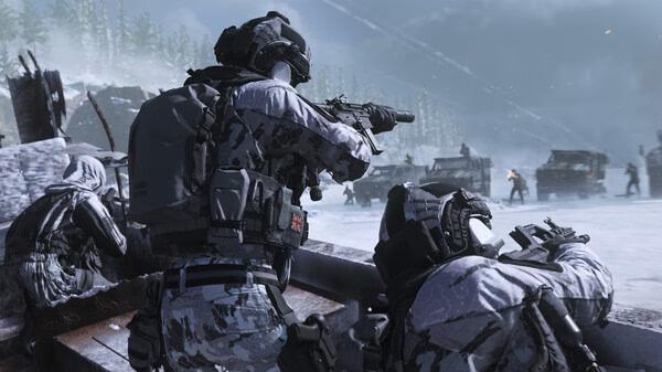 Call of Duty: Modern Warfare III screenshot: Soldiers in winter camo engage in a snowy battlefield, aiming at distant enemies.