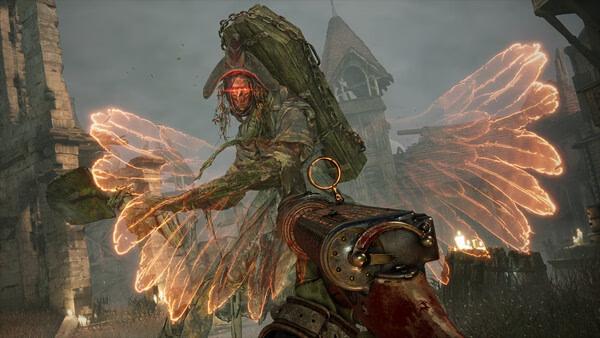 Witchfire screenshot: A player aims at a glowing-winged enemy in a medieval village setting, showcasing dynamic action and atmosphere.