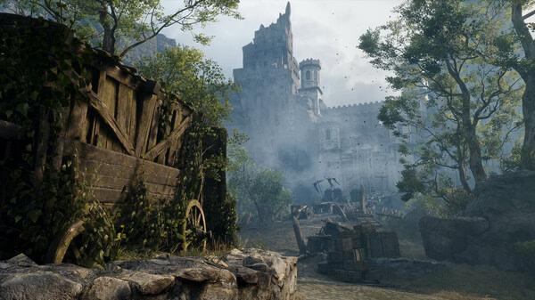 Screenshot from Witchfire showing a misty, abandoned castle surrounded by trees and old wooden carts.
