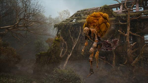 Witchfire screenshot: A skeletal enemy with glowing orange growths stands in front of a dilapidated, overgrown building in a misty forest.