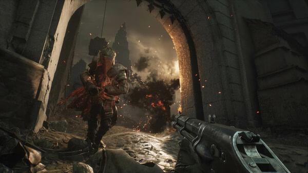 A Witchfire screenshot showing a player aiming a gun at an armored enemy, with fire and debris in a dark, ruined setting.