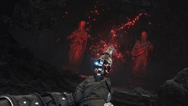Witchfire screenshot: A gloved hand holds a glowing gun, aimed at two eerie red statues in a dark, mystical setting.