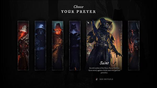 Witchfire screenshot: Character selection screen displaying various Preyer options, with "Saint" highlighted as the chosen Preyer.