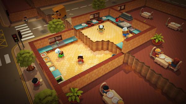 Overcooked screenshot: Chefs in a bustling kitchen prepare dishes while customers dine at tables in a restaurant setting.