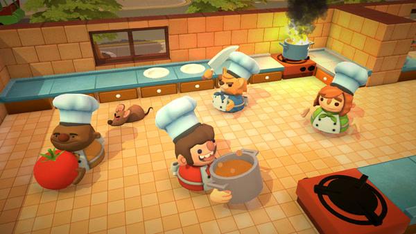 Overcooked screenshot: Four chefs in a kitchen, one holding a pot, another a tomato, with a boiling pot on the stove.
