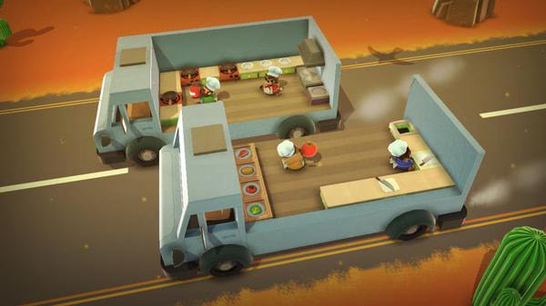Overcooked screenshot: Two chefs prepare meals on moving trucks in a desert setting, with ingredients and kitchen tools visible.