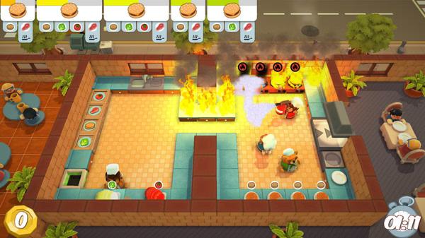 Overcooked screenshot: Chefs frantically extinguish kitchen fires while preparing burgers in a busy restaurant setting.