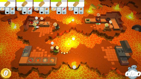 Overcooked screenshot: Chefs navigate a kitchen surrounded by lava, preparing meals with visible ingredients.