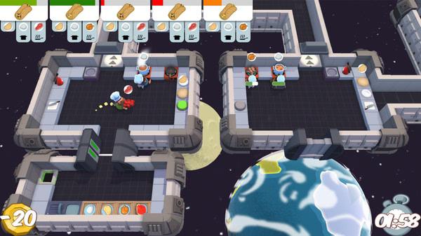 Overcooked screenshot: Players in a space kitchen prepare dishes, dodge hazards, and race against the clock to complete orders.