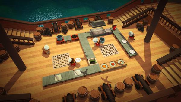 Overcooked screenshot: Chefs work together on a ship's kitchen, preparing dishes amidst barrels and stairs in a nautical setting.