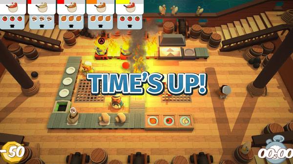 Overcooked screenshot: chaotic kitchen scene on a pirate ship with fire, chefs, and dishes. "TIME'S UP!" displayed on screen.