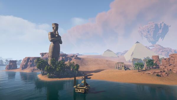 Screenshot from Soul Mask: A vast desert landscape with a towering statue, pyramids, and a raft on a river under a cloudy sky.