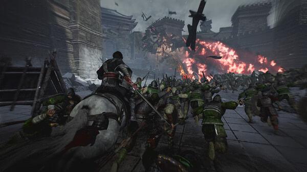 Dynasty Warriors: Origins screenshot: A warrior on horseback leads troops into battle against fiery chaos in a fortress courtyard.
