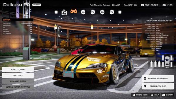 Tokyo Xtreme Racer screenshot: A gold GR Supra RZ is parked in Daikoku PA at night, surrounded by other cars and bright lights.