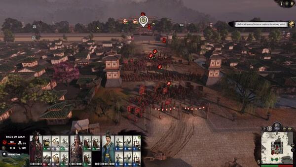 Screenshot from Total War: Three Kingdoms showing troops engaged in a siege at a fortified city gate with strategic icons visible.