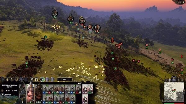Total War: Three Kingdoms screenshot showing a large-scale battlefield with armies clashing under a vibrant sunset sky.
