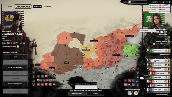 Screenshot from Total War: Three Kingdoms showing a diplomatic negotiation screen with a map and character portraits.