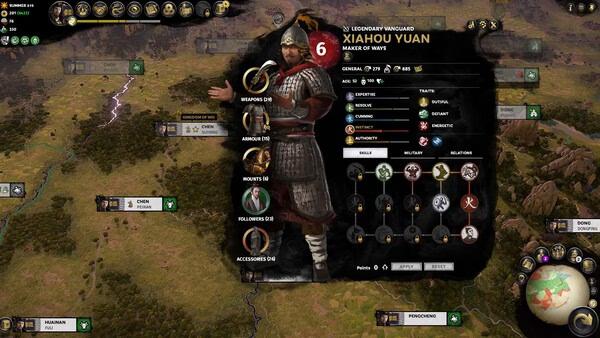 Screenshot from Total War: Three Kingdoms showing Xiahou Yuan's character profile with stats and abilities on the campaign map.