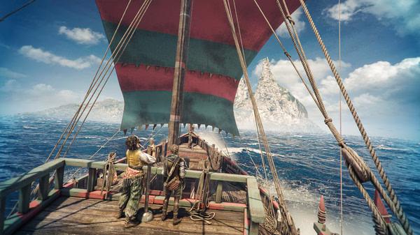 A Plague Tale: Requiem screenshot: Two characters on a ship's deck, sailing towards a distant rocky island under a sunny sky.