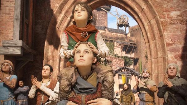Screenshot from A Plague Tale: Requiem showing a woman carrying a child on her shoulders in a medieval village.