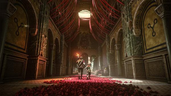 A Plague Tale: Requiem screenshot showing characters walking through a grand hall with red petals and hanging ribbons.