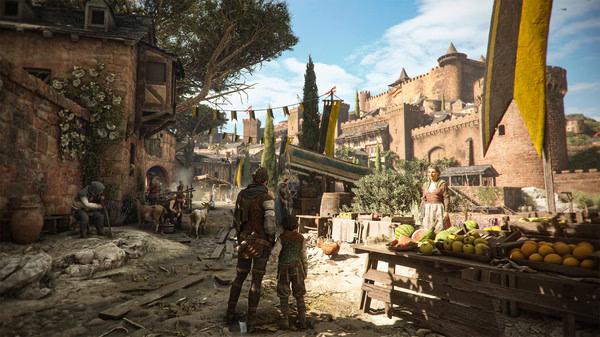 A Plague Tale: Requiem screenshot showing a bustling medieval village with characters and market stalls under a blue sky.